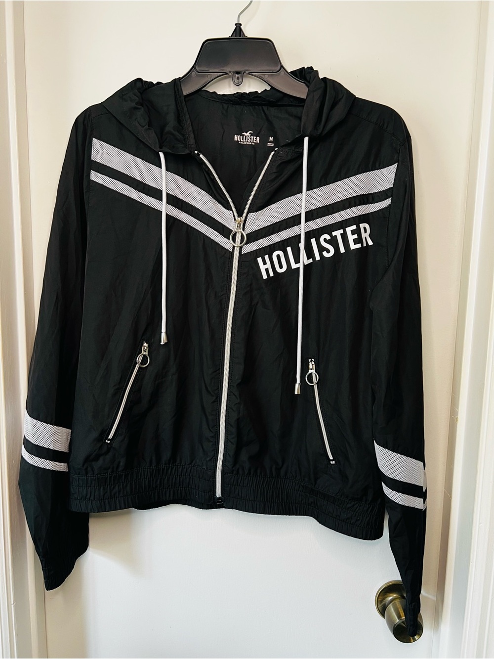 Hollister Black Jacket with White Accent and Silver Zipper